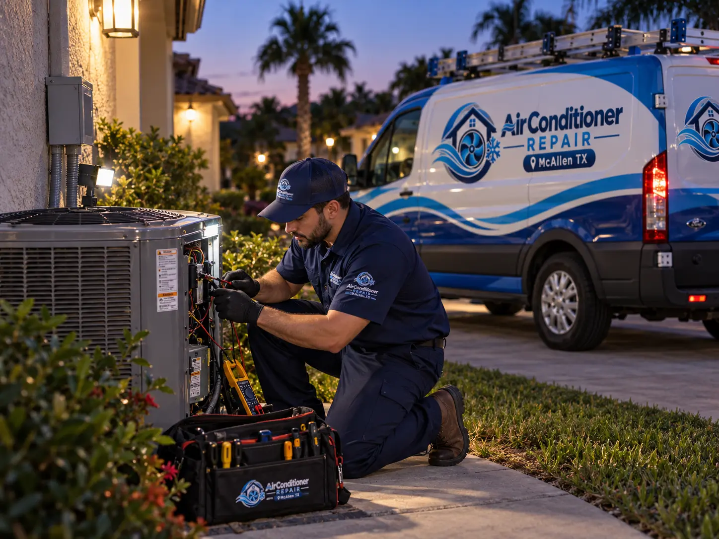 Technician performing an evening emergency AC repair on a residential condenser unit