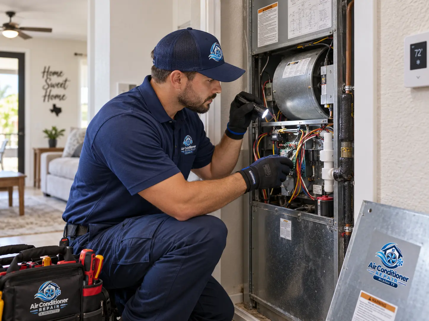 Technician inspecting an indoor air handler and blower assembly with a flashlight